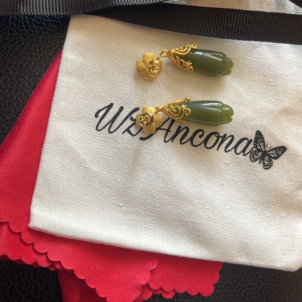 Beautiful  Jade Green beads dangle earrings 14K Gold-Dipped Textured Gold Flower - Picture 14 of 14
